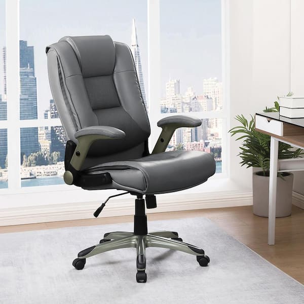 Bonded Leather Adjustable Height Lumbar Support Tilt Ergonomic Executive Chair in Charcoal Gray with Flip Arms