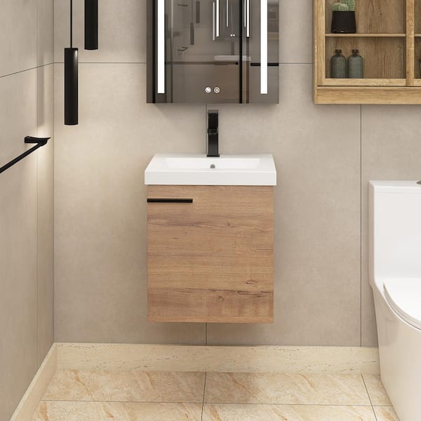 18 in. W x 15 in. D x 21 in. H Single Sink Wall-Mounted Bath Vanity in Imitative Oak with White Ceramic Top