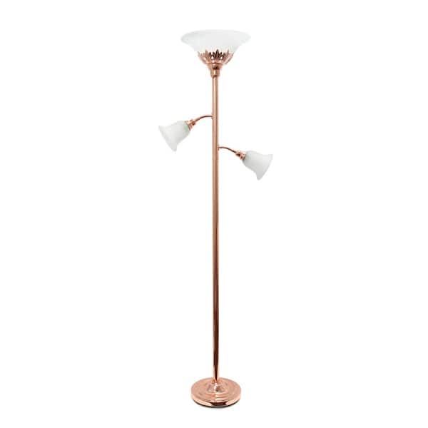 Elegant Designs 71 in. Rose Gold 3-Light Torchiere Floor Lamp with Scalloped Glass Shades