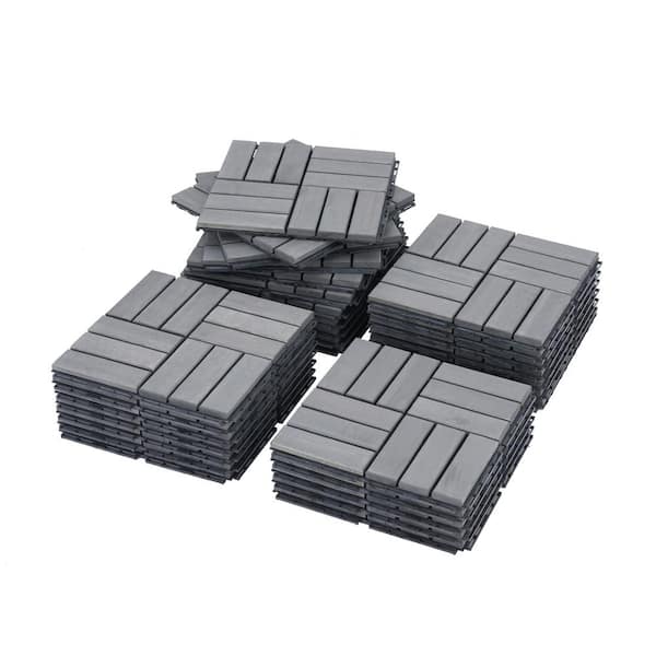 Unbranded 10-Pack 12 in. x 12 in. Square Outdoor Light Grey Acacia Wood Interlocking Deck Tiles for Patio, Bancony, Pool Side
