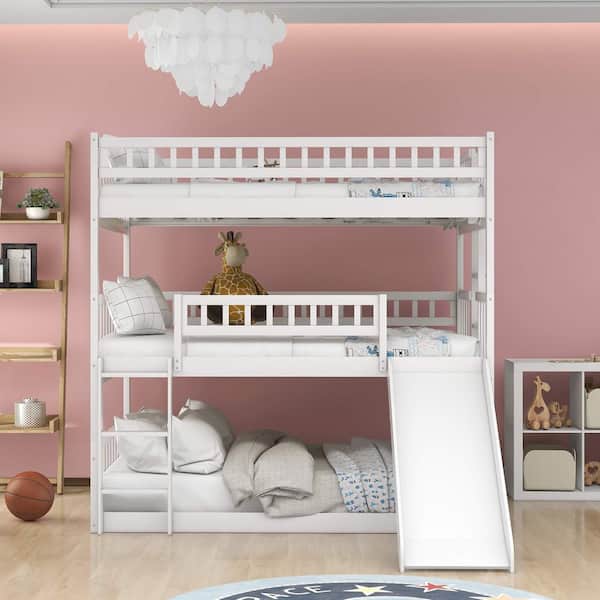 White Full-Over-White Full-Over-Full Triple Bed with Built-in Ladder and Slide, Triple Bunk Bed with Guardrails