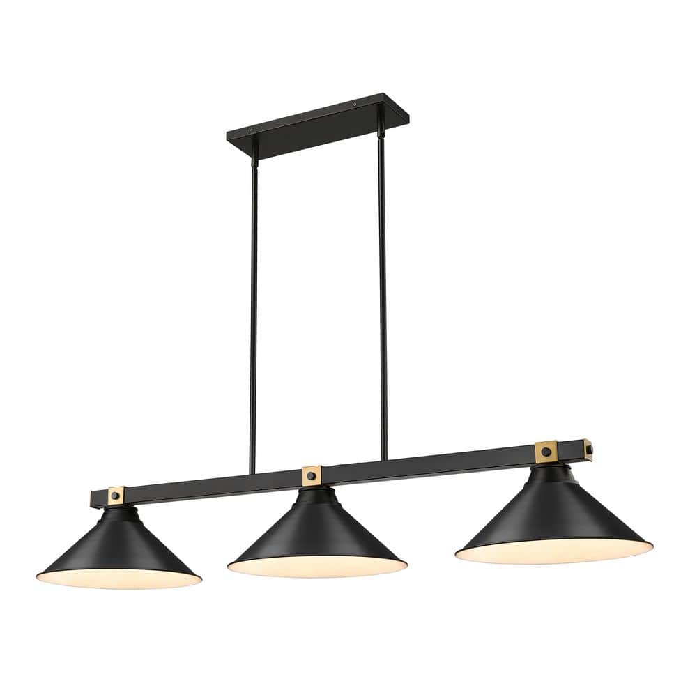 Bronte 54 in. Matte Black + Rubbed Brass 3 Light Billiard Light with Black 