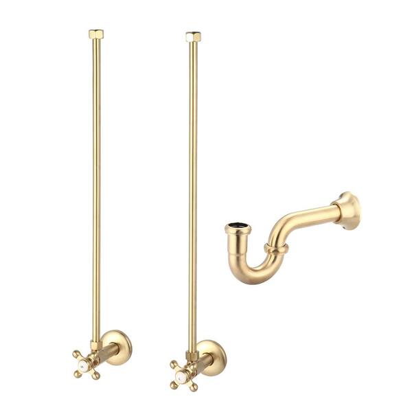 Embassy 30 in. Brass Wash Stand with Satin Brass P-Trap Kit, Faucet, Marble Counter Top, and White Basin