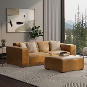 Rex 88 in. Straight Arm Genuine Leather Rectangle 2-Seater Modular Sofa and Ottoman Set in Sienna
