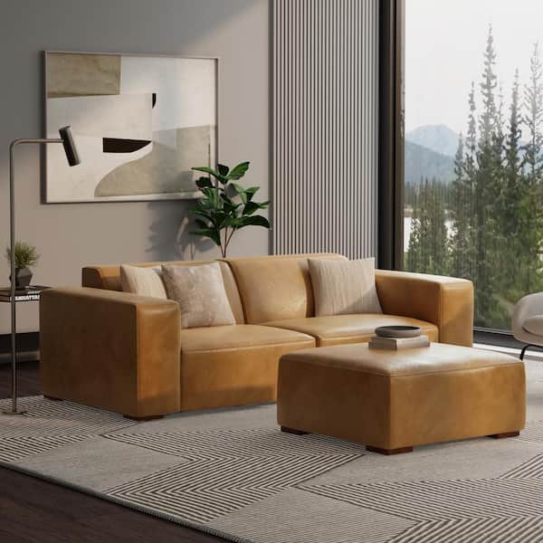 Simpli Home Rex 2-Seater Modular Sofa and Ottoman Set in Genuine Leather