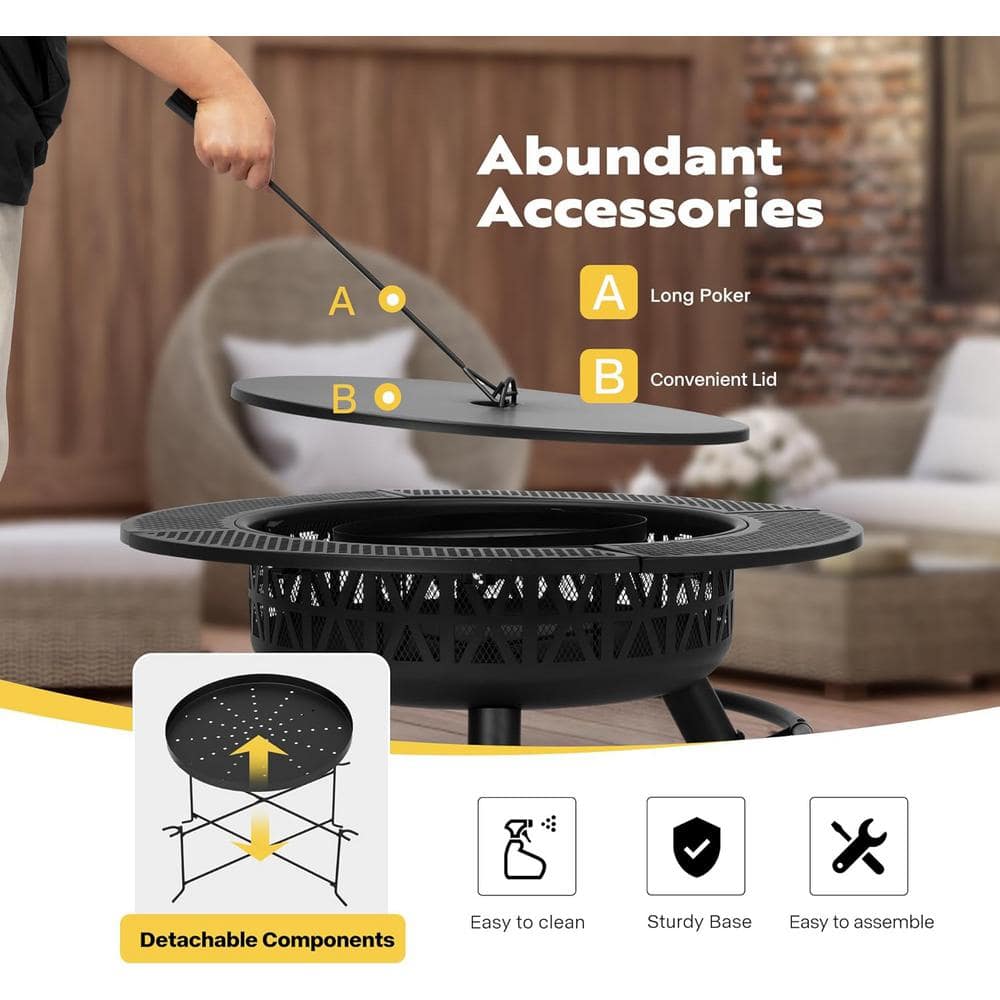 35-Inch Black Alloy Steel Fire Pit with Grill and Charcoal Pan
