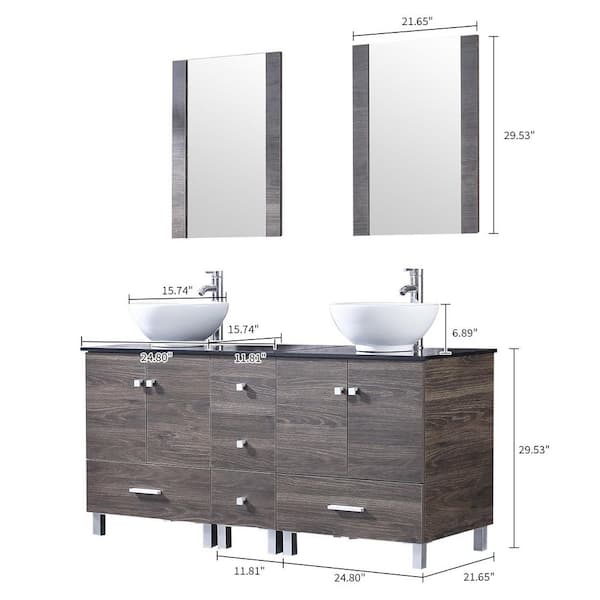 60 in. Brown Bathroom Vanity Double Glass Top White Ceramic Sink Large Bathroom Storage Cabinet with Mirror