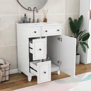 24 in. W x 18.3 in. D x 34.3 in. H Single Sink Bath Vanity in White with White Ceramic Top, 2-Drawers and Silver Handles