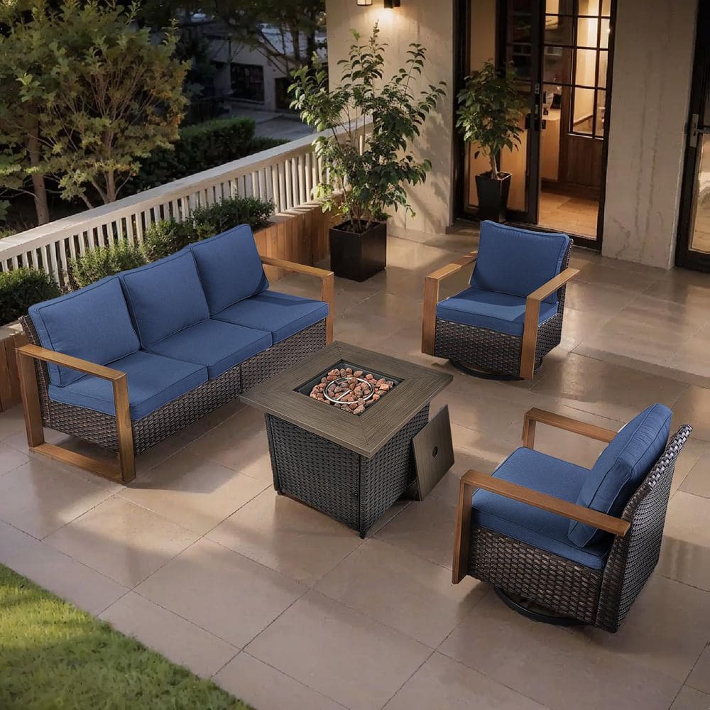 CubeEdge 4-Piece Brown Wicker Fire Pit Conversation Set with Olefin Blue Cushions and Couch/ Patio Swivel Chairs price history on PriceWatchPro