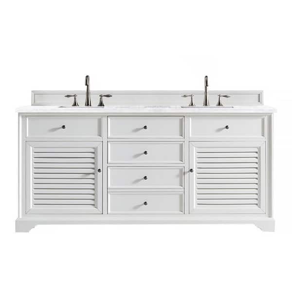 James Martin Vanities Savannah 72 in. W x 23.5 in.D x 34.3 in. H Double Vanity in Bright White with Solid Surface Top in Arctic Fall