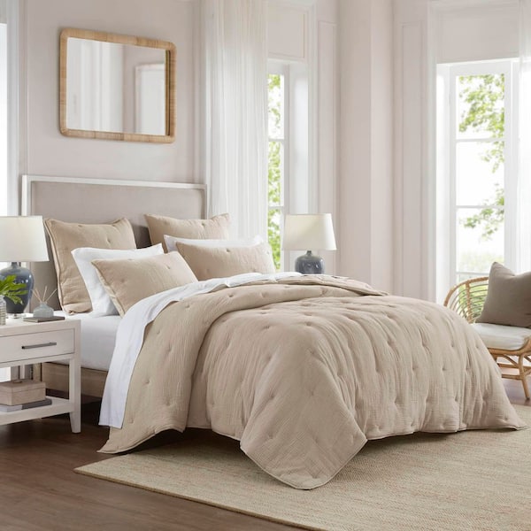Breeze 3-Piece Taupe Cotton King Gauze Embroidered Quilt Set