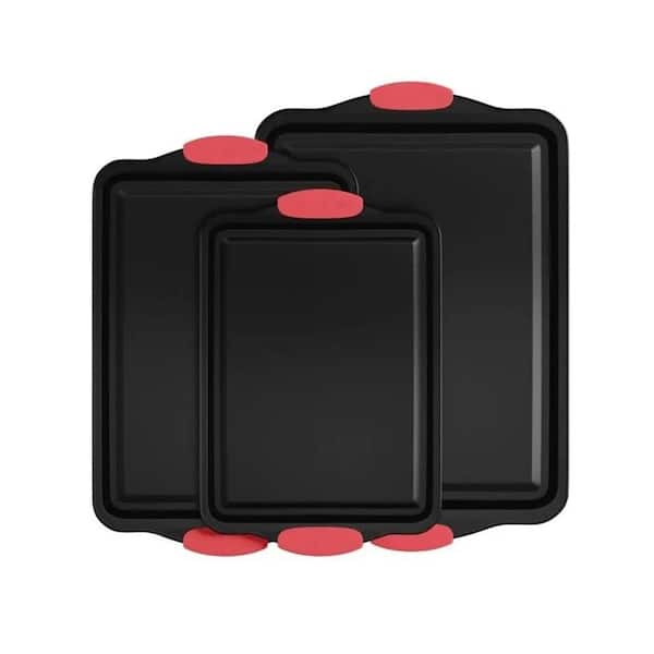 Anqtovp 3-Piece Carbon Steel Baking Pan Set with Silicone Handles and Non-Stick for Cakes, Cookies or Pizza, Black