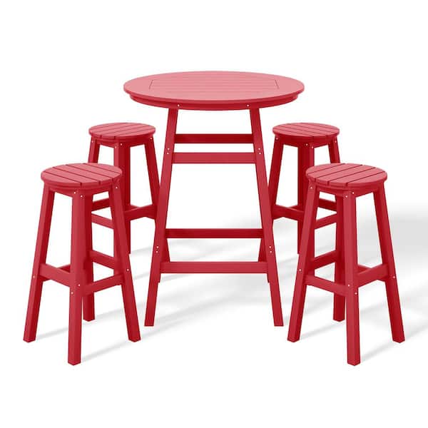 Laguna 5-Piece Bar Height HDPE Plastic Outdoor Patio Round High Top Bistro Dining Set in Red