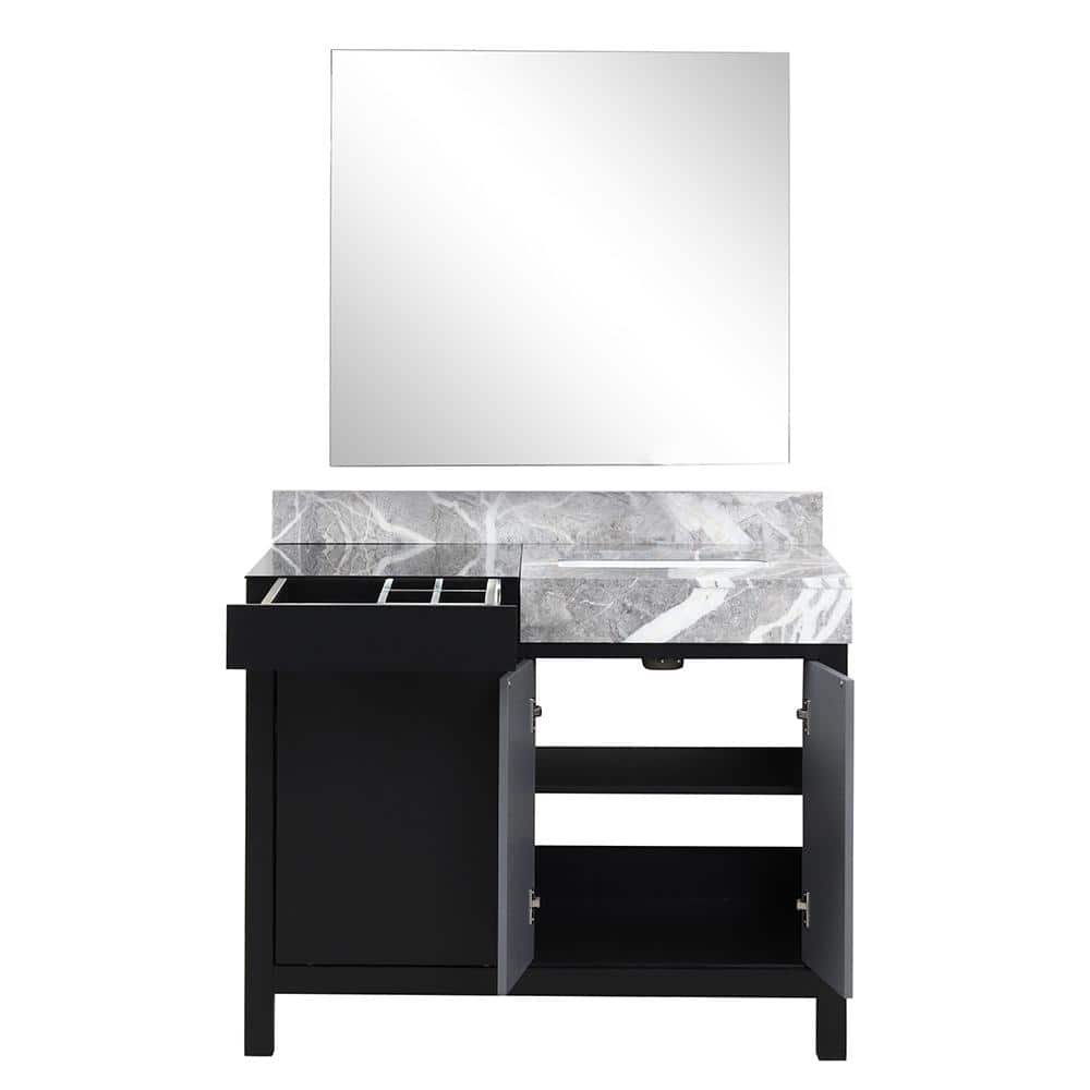 Zilara 42" Black and Gray Marble Top Bathroom Vanity with Mirror
