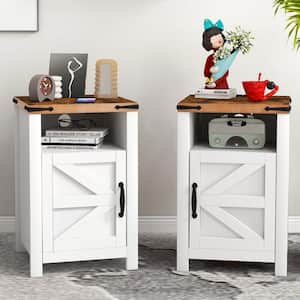 White Nightstand with Charging Station, Farmhouse End Table with Barn Door, Sofa Side Table with Storage Space (2-Piece)