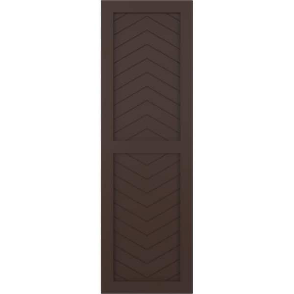 Ekena Millwork 15 in. x 54 in. Flat Panel True Fit PVC Two Panel Chevron Modern Style Fixed Mount Shutters Pair in Raisin Brown