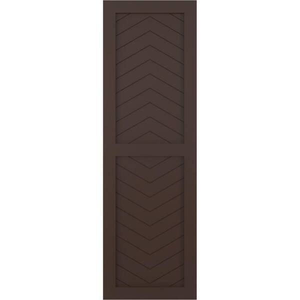 Ekena Millwork 15 in. x 79 in. Flat Panel True Fit PVC Two Panel Chevron Modern Style Fixed Mount Shutters Pair in Raisin Brown