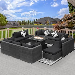 High-End Gray 13-Piece 12-Seat Wicker Patio Fire Pit Sofa Set with Dark Gray Cushions Ottomans and 43 in. Fire Pit Table