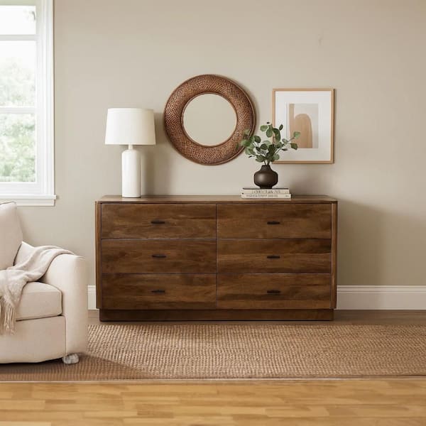 Tao Walnut Brown 6 Wide Drawers 60 in. Dresser without Mirror