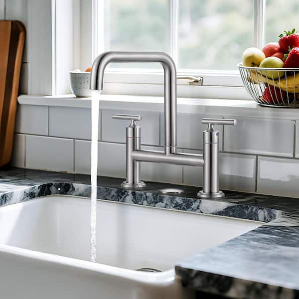 8 in. Centerset Double Handle Brass Bridge Kitchen Faucet with Sink Hole Cover in Brushed Nickel