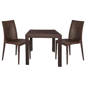 Mace Modern 3-Pcs Patio Dining Set with Stackable Plastic Dining Chairs and Square Dining Table (Brown)