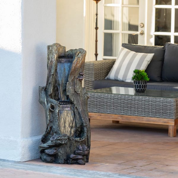 41 in. Tall Outdoor Rainforest Tree Trunk Waterfall Fountain with LED Lights, Brown