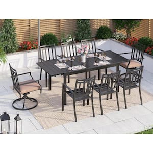 Black 9-Piece Metal Patio Outdoor Dining Set with Extendable Table and Strip Chairs with Beige Cushion