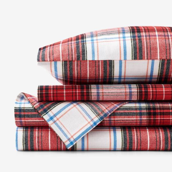 The Company Store Legends Hotel Washington Plaid Yarn-Dyed Velvet 4-Piece Red Multicolored Cotton Flannel King Sheet Set