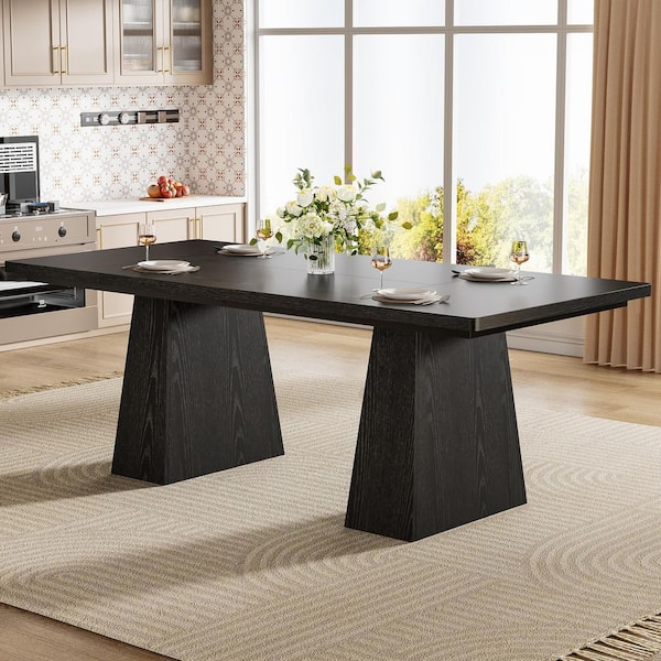 Roesler Black Wood 63 in. Pedestal Dining Table Seats-6, Modern Kitchen Table with Heavy Duty Legs for Home, Dining Room