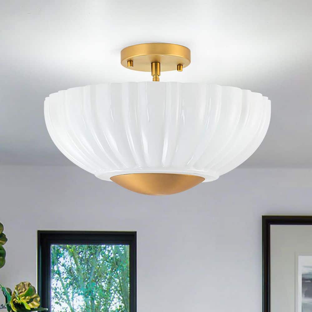 Corning 15 in. 3-Light Bowl Matte Brass Semi-Flush Mount with White Pleated Glass Shade for Foyer/Living Room price history on PriceWatchPro