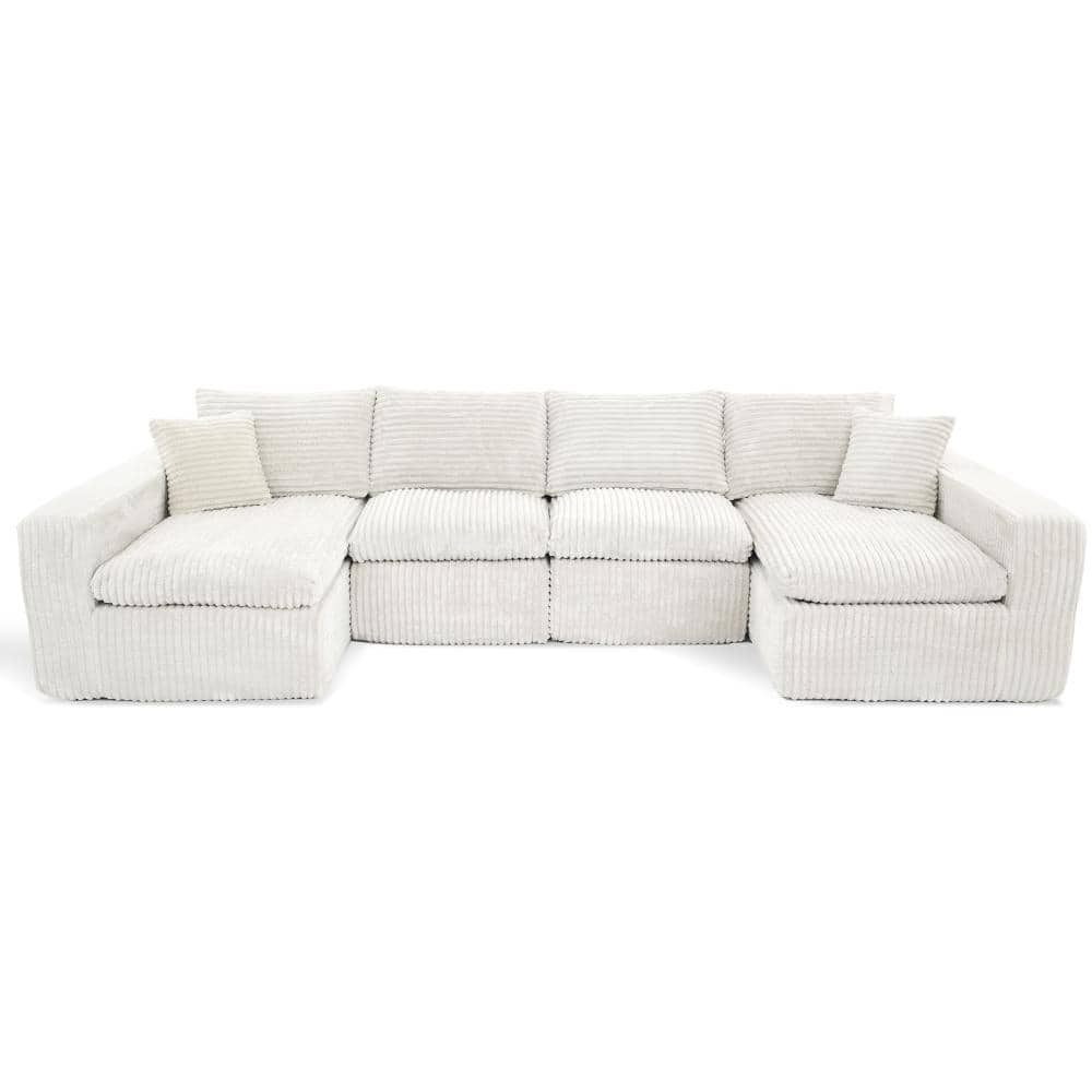 Modular U-Shaped Sectional Couch 130 in. Beige White Corduroy Memory Foam No Assembly Sofa