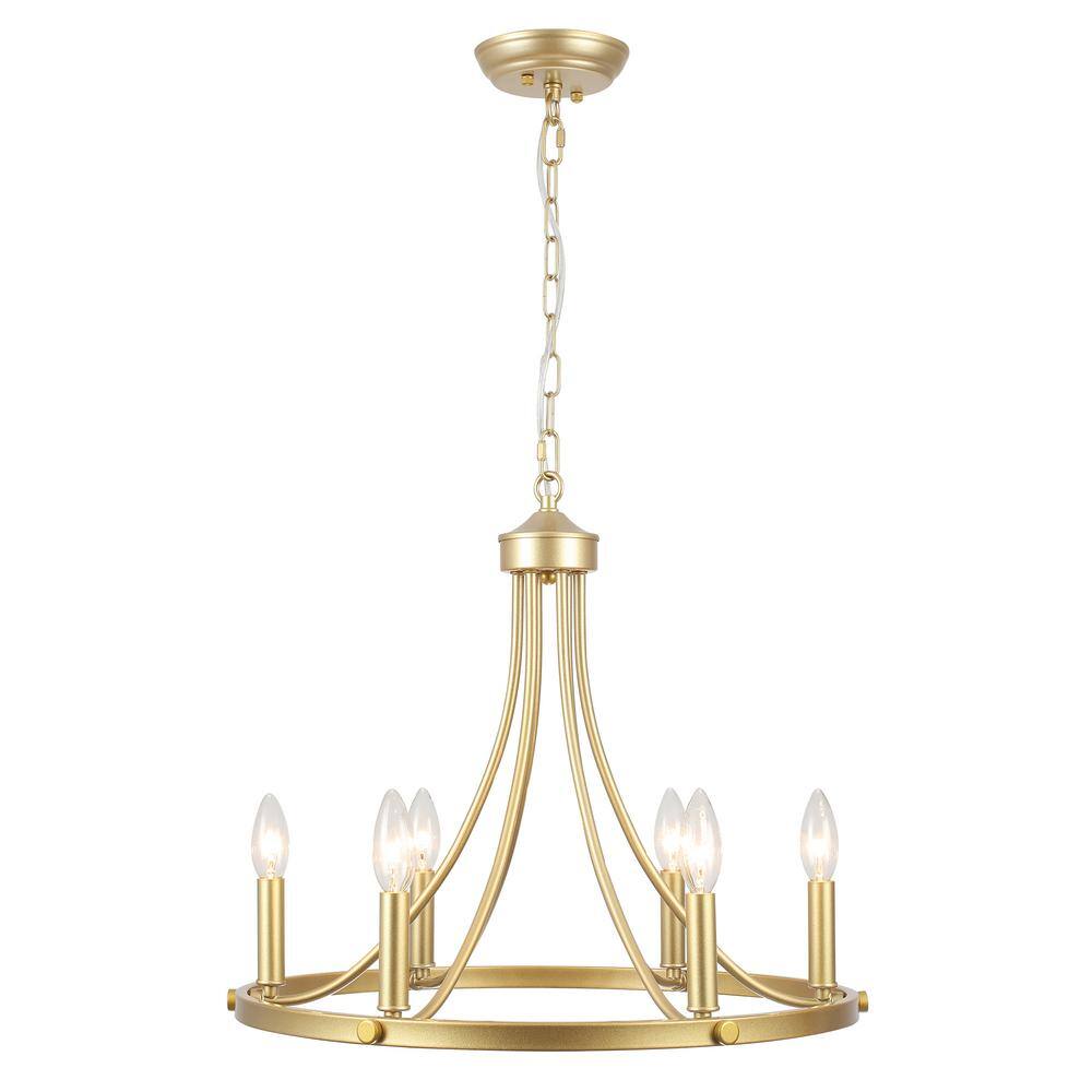 6-Light Gold Farmhouse Wagon Wheel Chandelier Candle Style Light Fixture