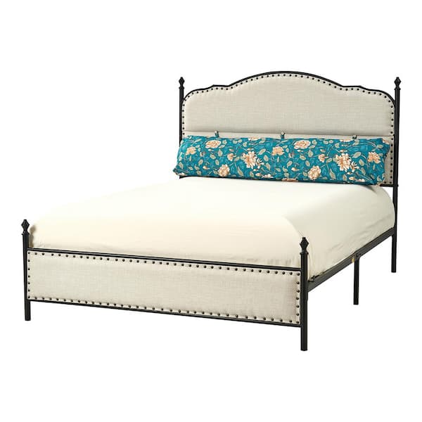 JAYDEN CREATION Sergio Blue Transitional Upholstered Platform Metal Bed Frame Four Poster Bed with High Headboard and Pillow