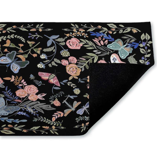 Dark Flowers and Garden Friends Black 18 in. x 30 in. Polyester Non-Slip Outdoor Door Mat