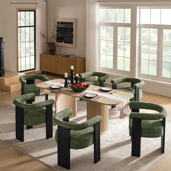 Emanuele Modern Forest Boucle Dining Chair with Solid Wood Legs Set of 6