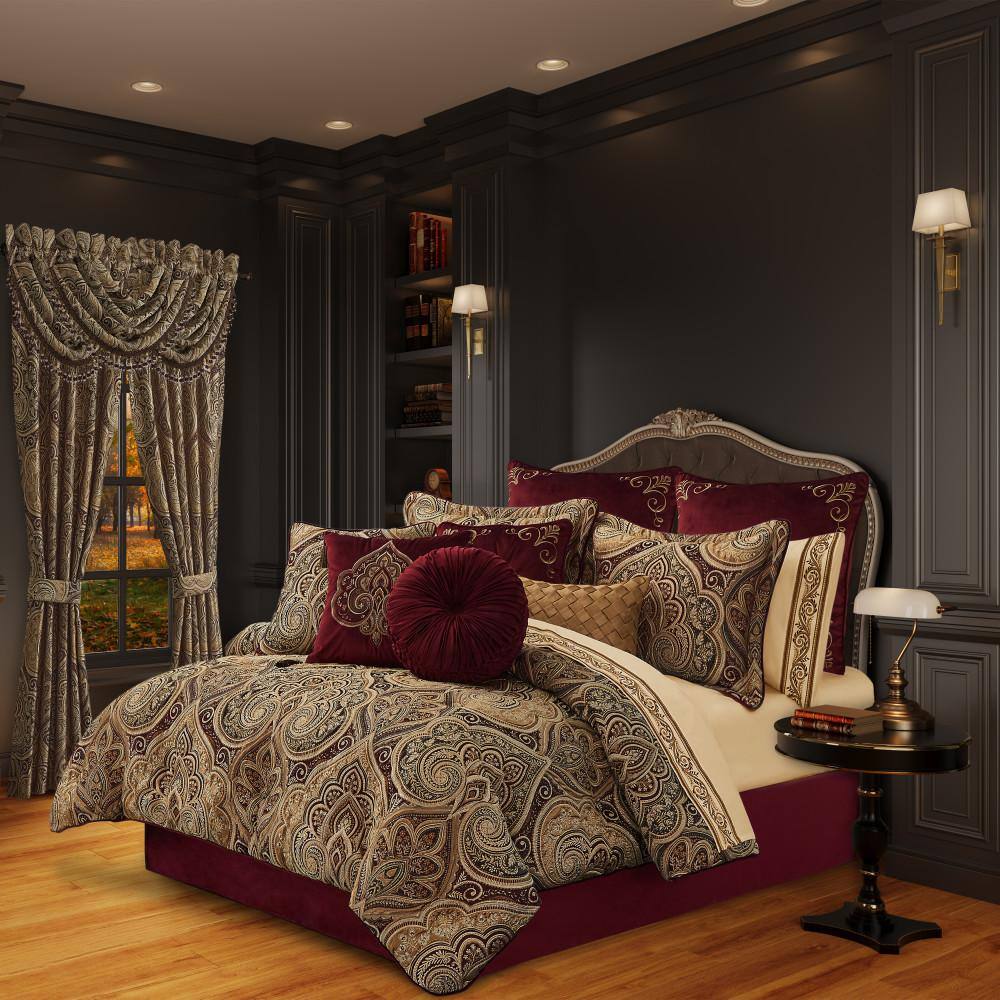 Bordeaux Crimson and Gold 20" Square Damask Throw Pillow