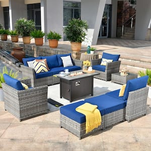 Rosemonde Gray 10-Piece Wicker Outerdoor Patio Rectangular Fire Pit Set with Navy Blue Cushions