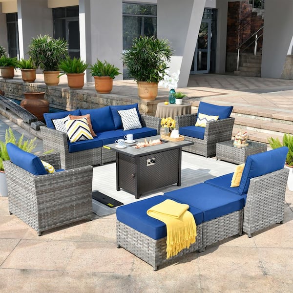 weaxty W Rosemonde Gray 10-Piece Wicker Outerdoor Patio Rectangular Fire Pit Set with Navy Blue Cushions