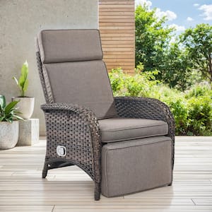 2-Pack Brown Wicker Outdoor Pneumatic Pump Gravity Adjustable Recliner for Patio with CushionGuard Gray Cushions