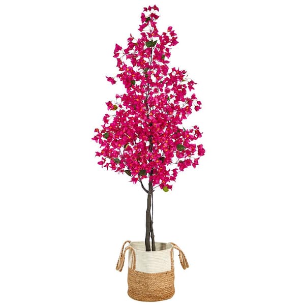 Nearly Natural 72 in. Pink Artificial Bougainvillea Tree in Handmade Jute and Cotton Basket