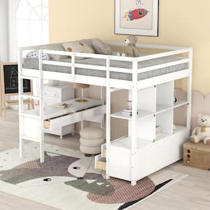White Full Size Loft Bed with Storage Shelves, Built-in Desk and 6 Drawers
