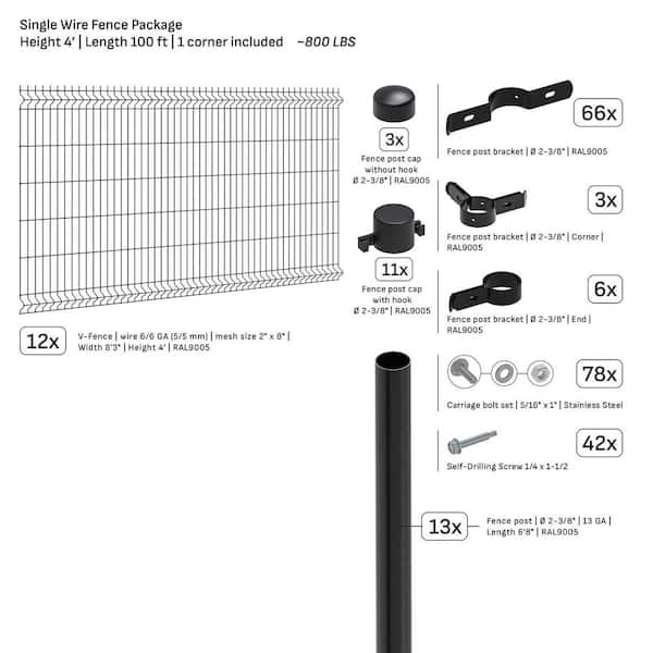 Single-Wire V-Fence 100 ft. x 4 ft. Steel Flat Top Spaced Black Fence Panel Package