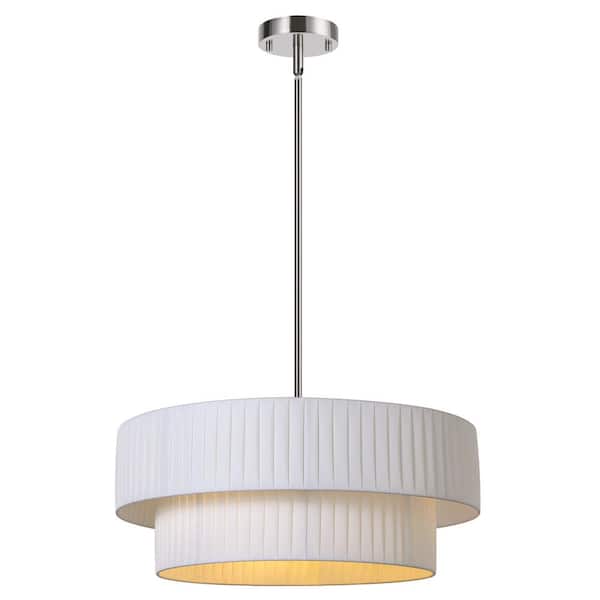 LamQee 3-Light Brushed Nickel Drum Pendant Light with White Fabric Shade