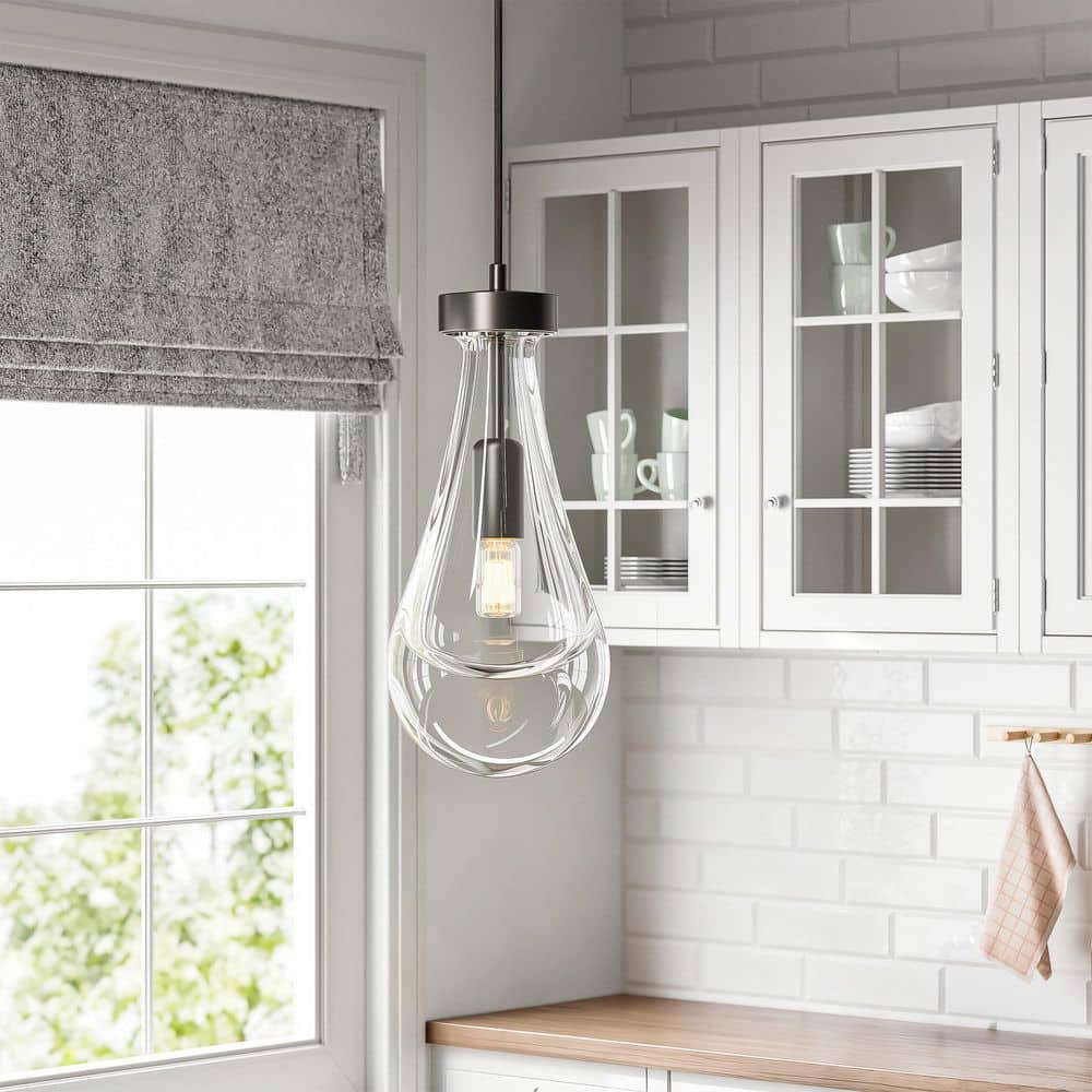 60-Watt 1-Light Black Shaded Luxury Raindrop Pendant with Teardrop Clear Glass Shade, No Bulbs Included price history on PriceWatchPro