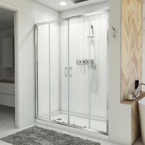 DreamLine 32 in. D x 60 in. W x 78-3/4 in. H Sliding Semi-Frameless Shower Door Base and White Wall Kit in Chrome