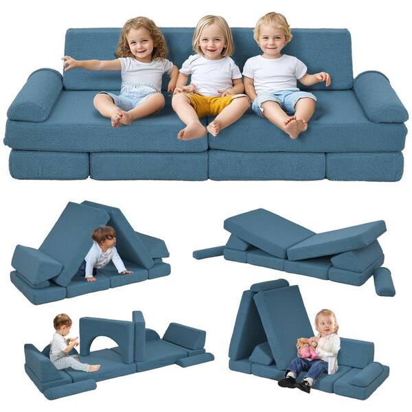 Blue 12-Piece Kids Couch for Playroom Bedroom, Convertible Sofa