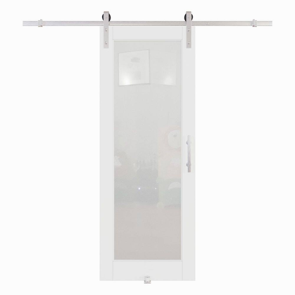 30 in. x 80 in. 1 Lite Tempered Frosted Glass White Finished MDF Sliding Barn Door with Hardware Kit Nickel price history on PriceWatchPro