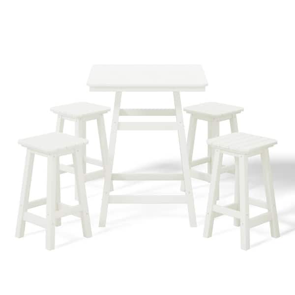 WESTIN OUTDOOR Laguna 5-Piece Fade Resistant HDPE Plastic Outdoor Patio Square Counter Height Bistro Set, Matching Barstools White