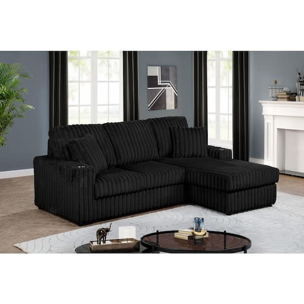 Radel 64 in W. Straight Arm 1-Piece Corduroy Fabric L Shape Reversible Sectional Sofa in. Black Color