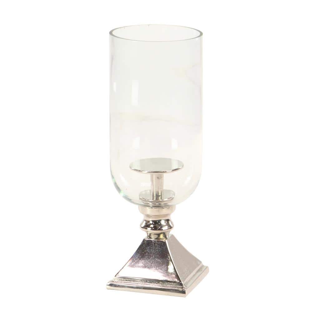 17" Silver Aluminum and Glass Hurricane Candle Holder